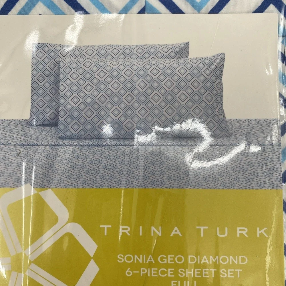 Trina Turk Sheet Set FULL White Blue Sonia Geo Diamond Geometric Colorful Modern